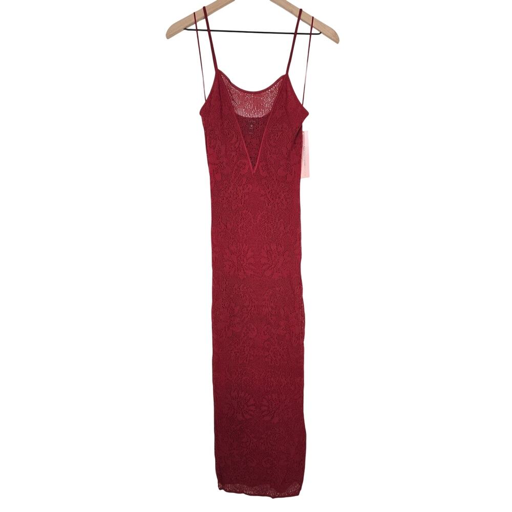 Aqua Red Lace Midi Dress XS Sheer Floral Bodycon Spaghetti Strap